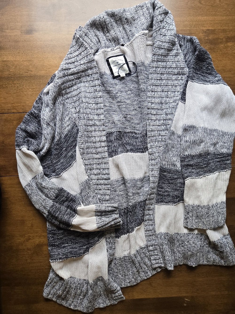 Tom Tailor XXL Open Front Chunky Knit Cardigan Gray Cream Colorblock